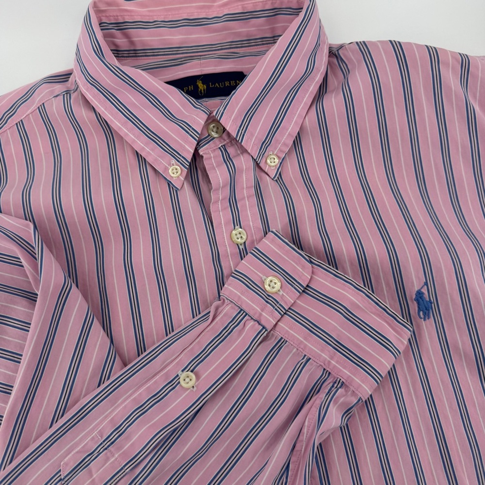 Ralph Lauren Mens XL Pink Blue Striped Button Down Shirt Long Sleeve Pony Logo